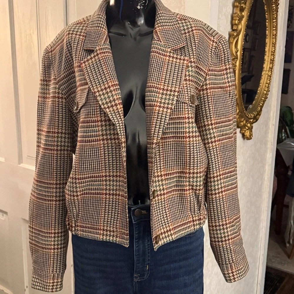 Pendleton Pure Virgin Wool Brown Houndstooth Plaid Short Jacket Blazer Sz 6 - Picture 2 of 10